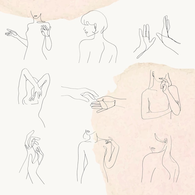 Free vector woman’s gesture line art vector feminine pastel watercolor illustration set