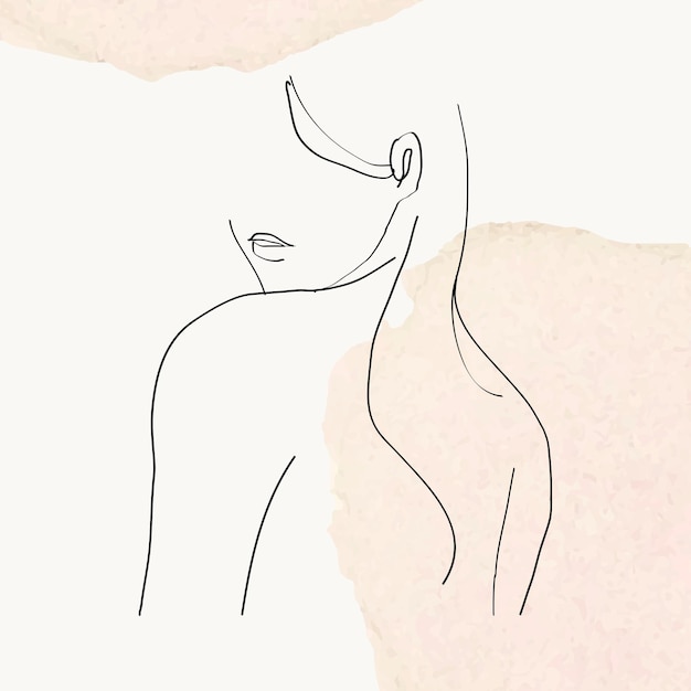 Woman&amp;rsquo;s upper body vector line art illustration on beige pastel watercolor background