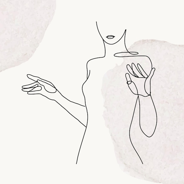 Woman&amp;rsquo;s upper body vector line art illustration on gray pastel watercolor background