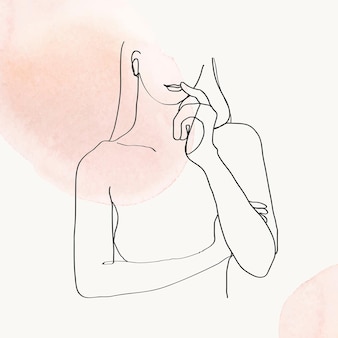 Woman’s upper body vector line art illustration on orange pastel watercolor background