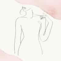 Free vector woman’s upper body vector line art illustration on pink pastel watercolor background