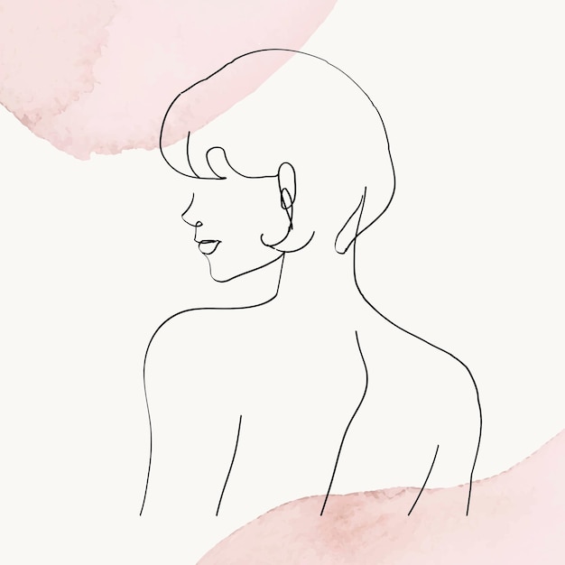 ピンクのパステル水彩背景に女性の上半身ベクトル線画イラスト