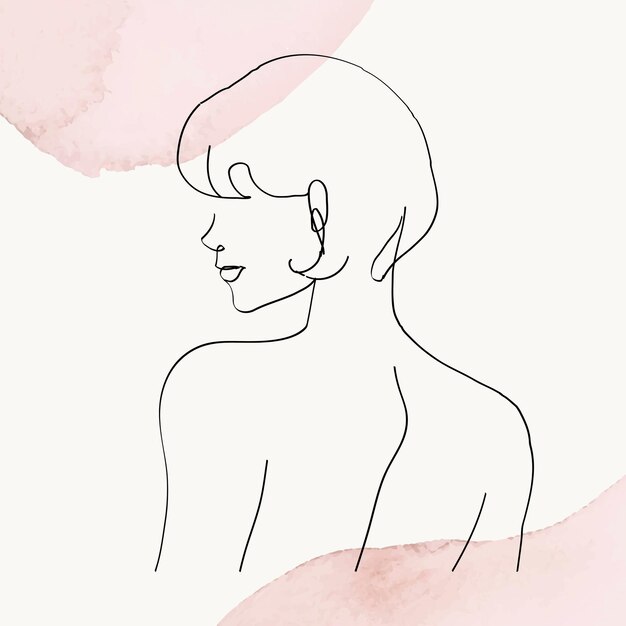 ピンクのパステル水彩背景に女性の上半身ベクトル線画イラスト