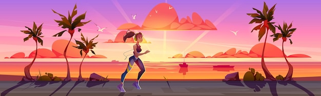 Free vector woman run on palm road at sunset vector background