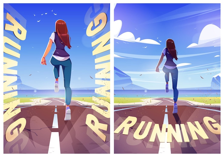 Free Vector woman running cartoon posters, sport workout.