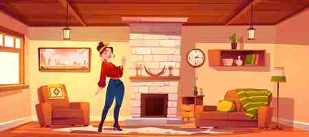 Free vector woman in rustic living room with fireplace