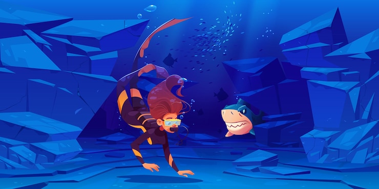 Free Vector woman scuba diver and shark under water in sea