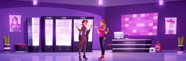 Free vector woman and seller in cosmetic shop. vector cartoon interior of beauty store with showcases with makeup and skincare products, cashbox on counter, female customer and assistant
