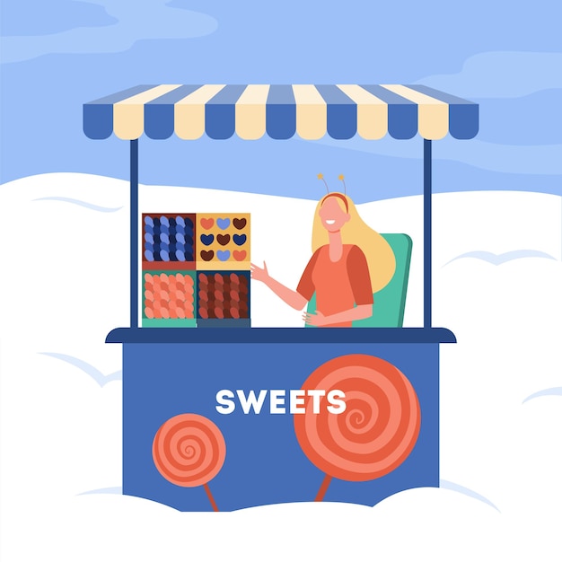 Женщина продает сладости из прилавка. Тележка, киоск, конфеты, леденцы. Иллюстрации шаржа