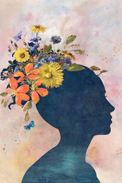 Тень женщины с цветами на фоне живописи