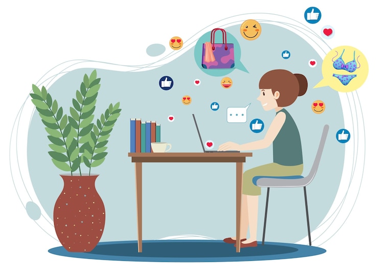 Free Vector woman shopping online at desk