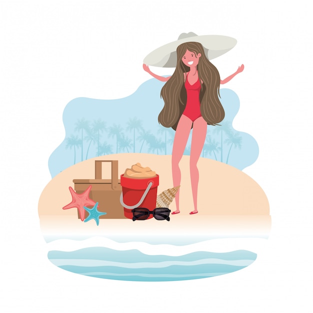 Free vector woman on the shore of the beach with sand bucket