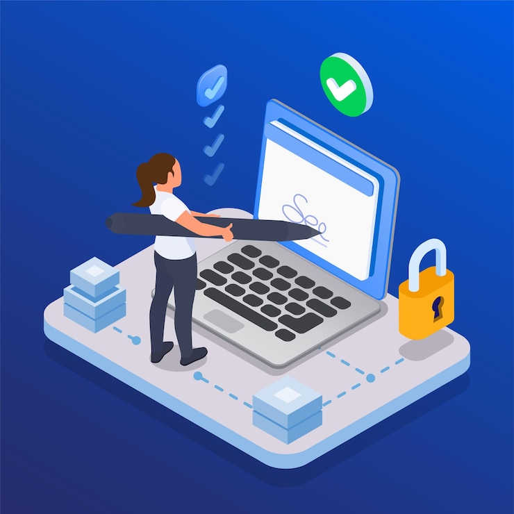 Free Vector woman signing electronic contract putting e signature on laptop screen 3d isometric vector illustration