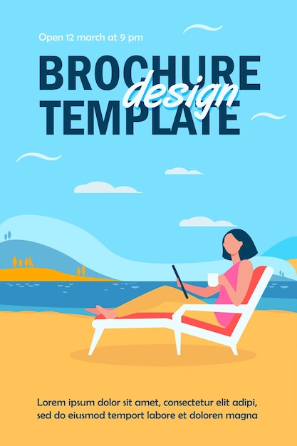 Free vector woman sitting on beach chair by lake flyer template
