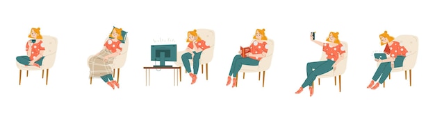 Free vector woman sitting on comfortable chair isolated set