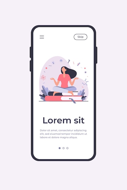 Woman sitting and meditating on pile of books. Student, study, learning flat vector illustration. Education and knowledge concept mobile app template