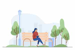 Бесплатное векторное изображение Женщина, сидящая на скамейке и читающая книгу. парк, город, релаксация плоских векторных иллюстраций. выходные и концепция природы
