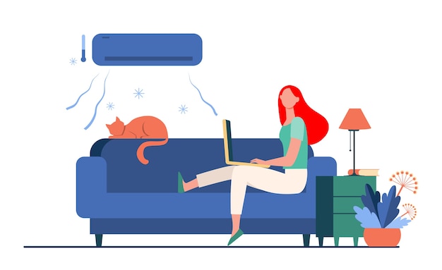 Женщина, сидящая на диване с кошкой и ноутбуком под кондиционером. Девушка, охлаждение, диван плоский векторные иллюстрации. Дом и фриланс