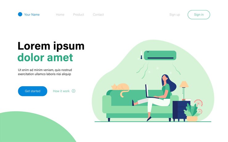 Free Vector woman sitting on sofa with cat and laptop under air conditioner landing page template