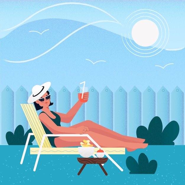 Free vector woman sitting in the sun staycation concept