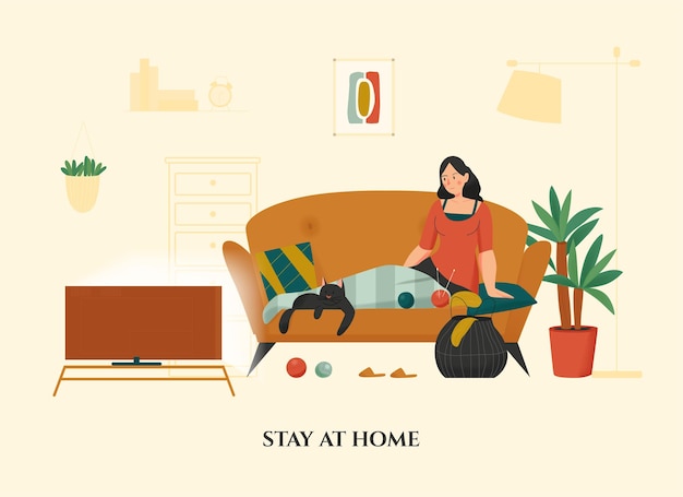 Free vector woman sitting with her cat on sofa under warm lap blanket cozy home flat