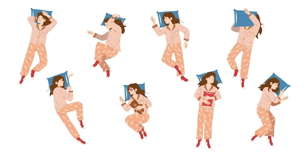 Бесплатное векторное изображение Женщина спит на подушке в разных позах, вид сверху