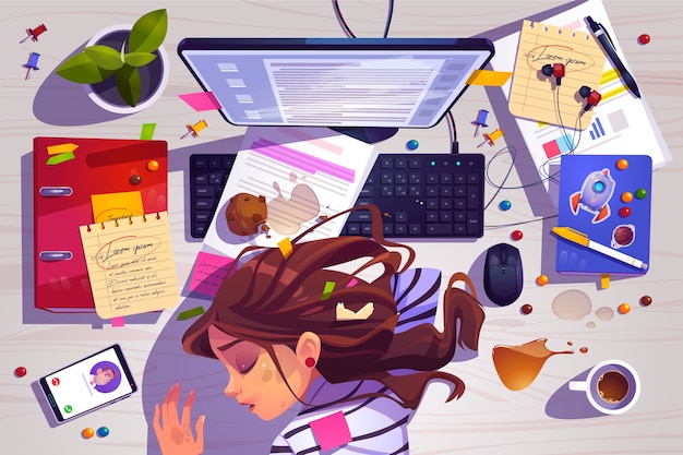 Free vector woman sleep on workplace top view, tired girl lying on messy office desk with rubbish