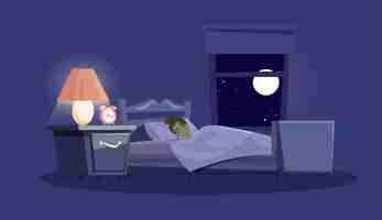 Бесплатное векторное изображение Женщина спит в постели ночью дизайн интерьера спальни на синем фоне