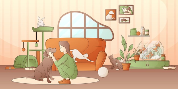 リビングルームのフラットベクターイラストでペットの犬、猫、ウサギ、魚と過ごす女性