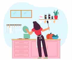 Free vector woman standing near stove in kitchen holding spoon
