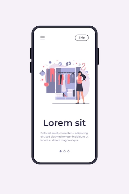 Donna in piedi al guardaroba aperto e scegliere i vestiti da indossare. modello di app mobile illustrazione vettoriale