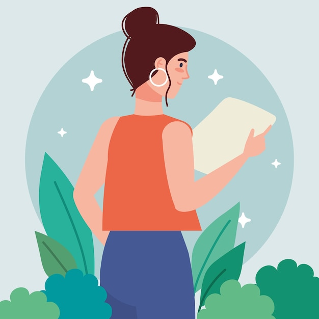 Free vector woman standing reading document with leafs