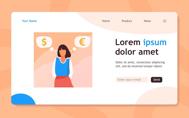 Donna in piedi e pensando al tasso di cambio. euro, dollaro, contanti illustrazione piatta. progettazione del sito web di concetto di finanza e investimento o pagina web di destinazione