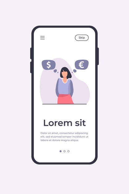 Woman standing and thinking about currency rate. Euro, dollar, cash flat vector illustration. Finance and investment concept mobile app template