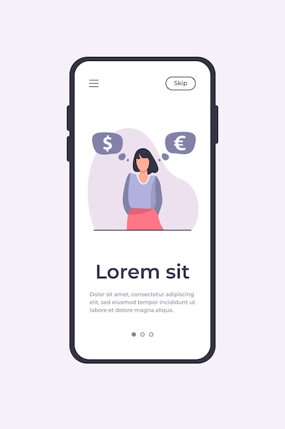 Woman standing and thinking about currency rate. Euro, dollar, cash flat vector illustration. Finance and investment concept mobile app template