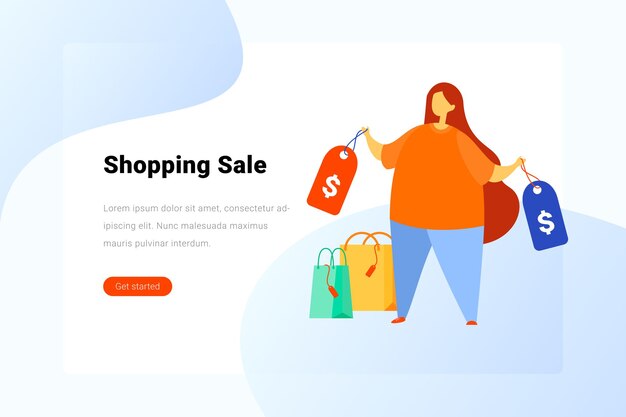 Woman standing with Shopping bags illustration. Landing Page design template.