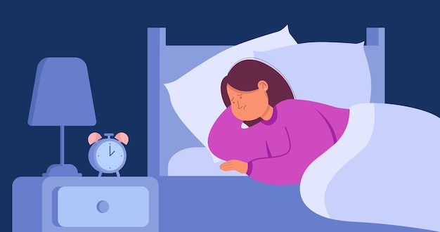 Woman suffering from insomnia flat vector illustration. Depressed and sad female person lying in bed with open eyes and unable to sleep at night. Sleep disorder, fatigue, sleepless concept