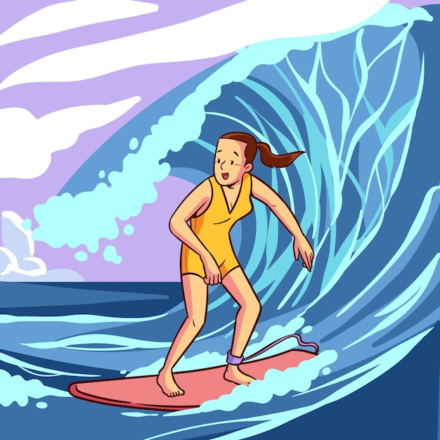 Free vector woman surfing illustrated