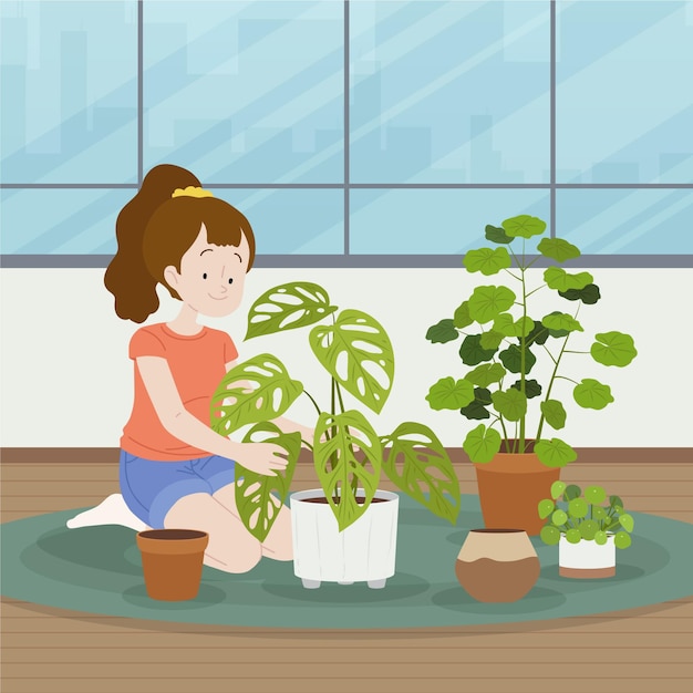 植物の世話をする女性フラットデザイン