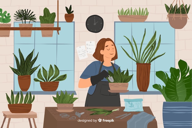 植物の世話をする女性