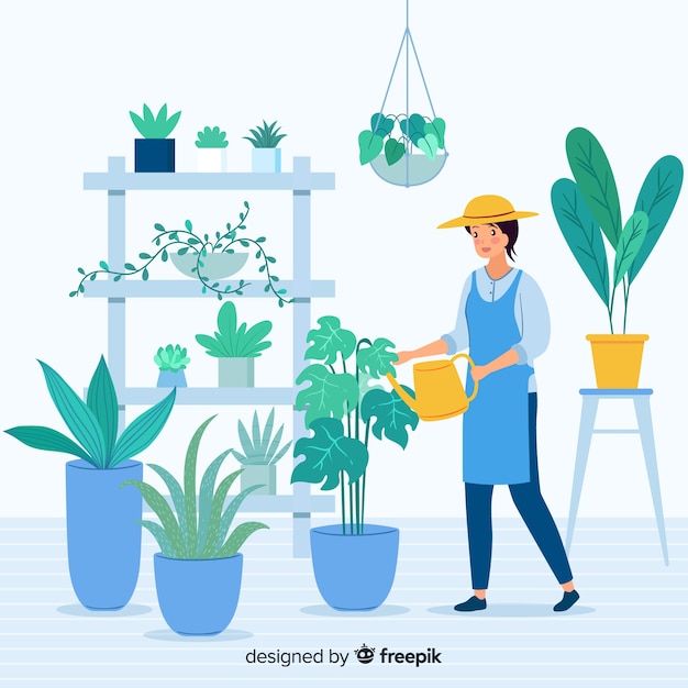 Бесплатное векторное изображение Женщина заботится о растениях