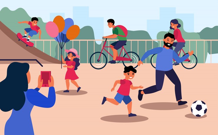 Free Vector woman taking selfie of her family having fun on playground