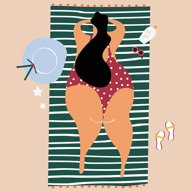 Woman tanning at the beach vector