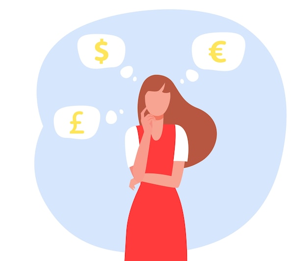 Free vector woman thinking about currency rate.