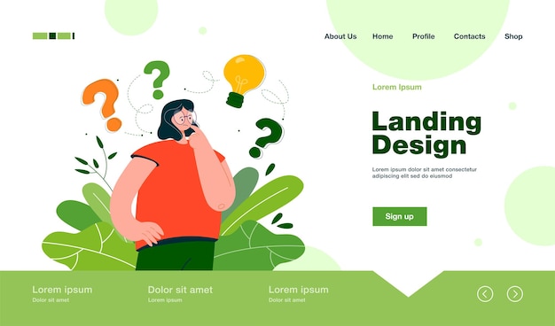 Woman thinking about idea Landing page in flat style.