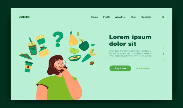 Woman thinking over healthy and unhealthy snacks choice landing page template