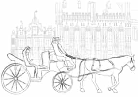 Free vector woman tourist traveling in the city in a horse carriage vector line arts