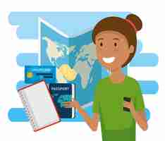 Free vector woman tourist with global map and passport