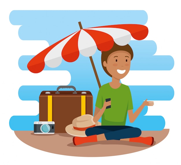 傘と旅行の荷物を持つ女性観光客