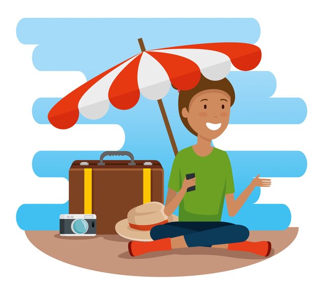 Woman tourist with umbrella and travel baggage